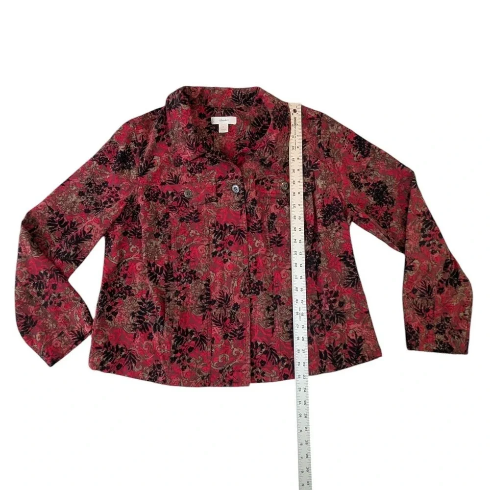CJ Banks Womens 1X Red Black Floral Paisley Button Up Jacket Stretch Cottagecore